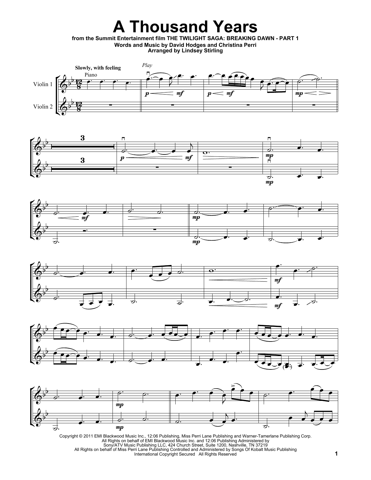 Download Lindsey Stirling A Thousand Years Sheet Music and learn how to play Violin Duet PDF digital score in minutes