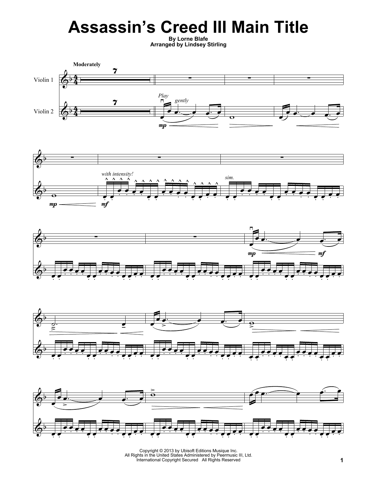 Download Lindsey Stirling Assassin's Creed III Main Title Sheet Music and learn how to play Violin PDF digital score in minutes