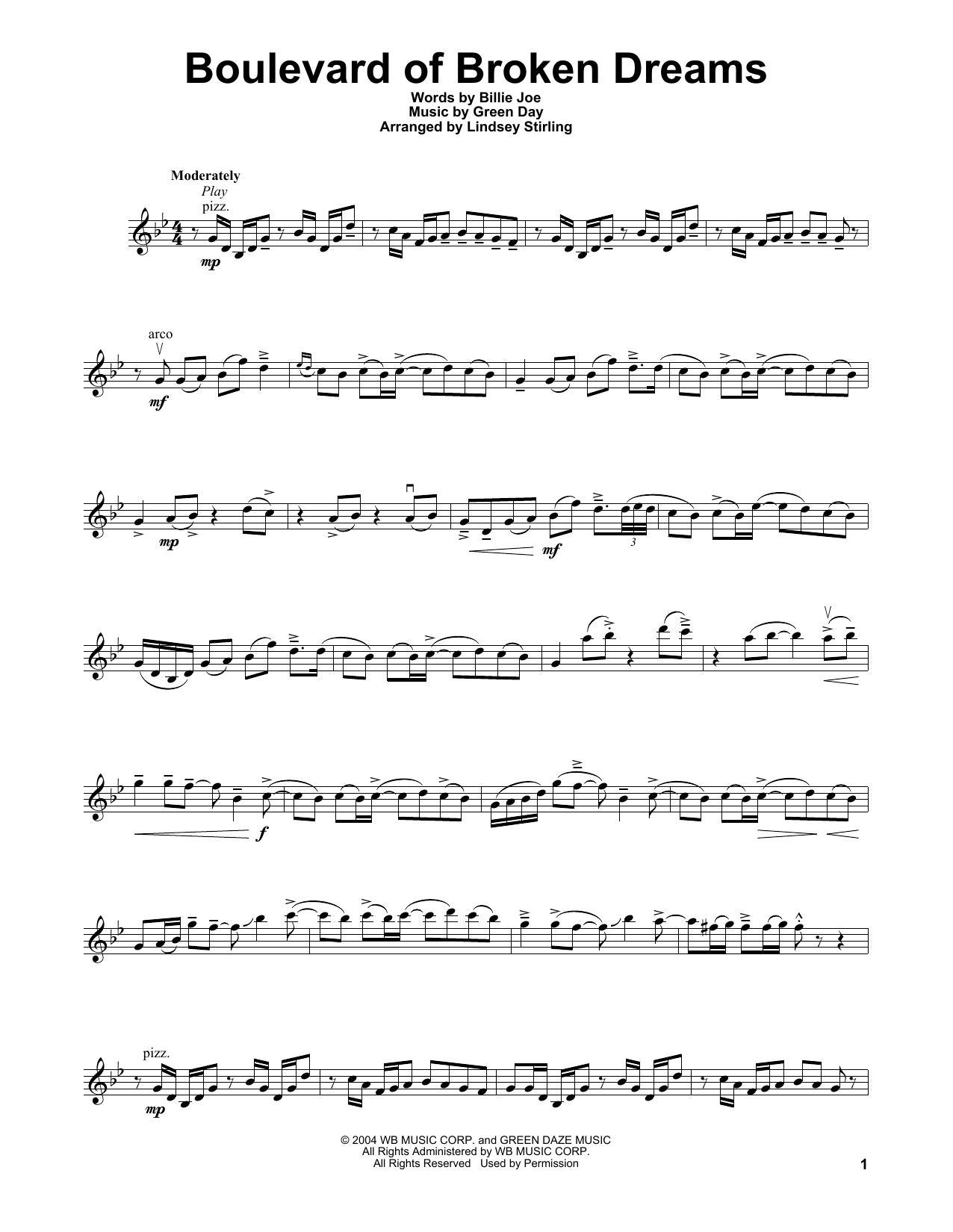 Download Lindsey Stirling Boulevard Of Broken Dreams Sheet Music and learn how to play Violin Solo PDF digital score in minutes