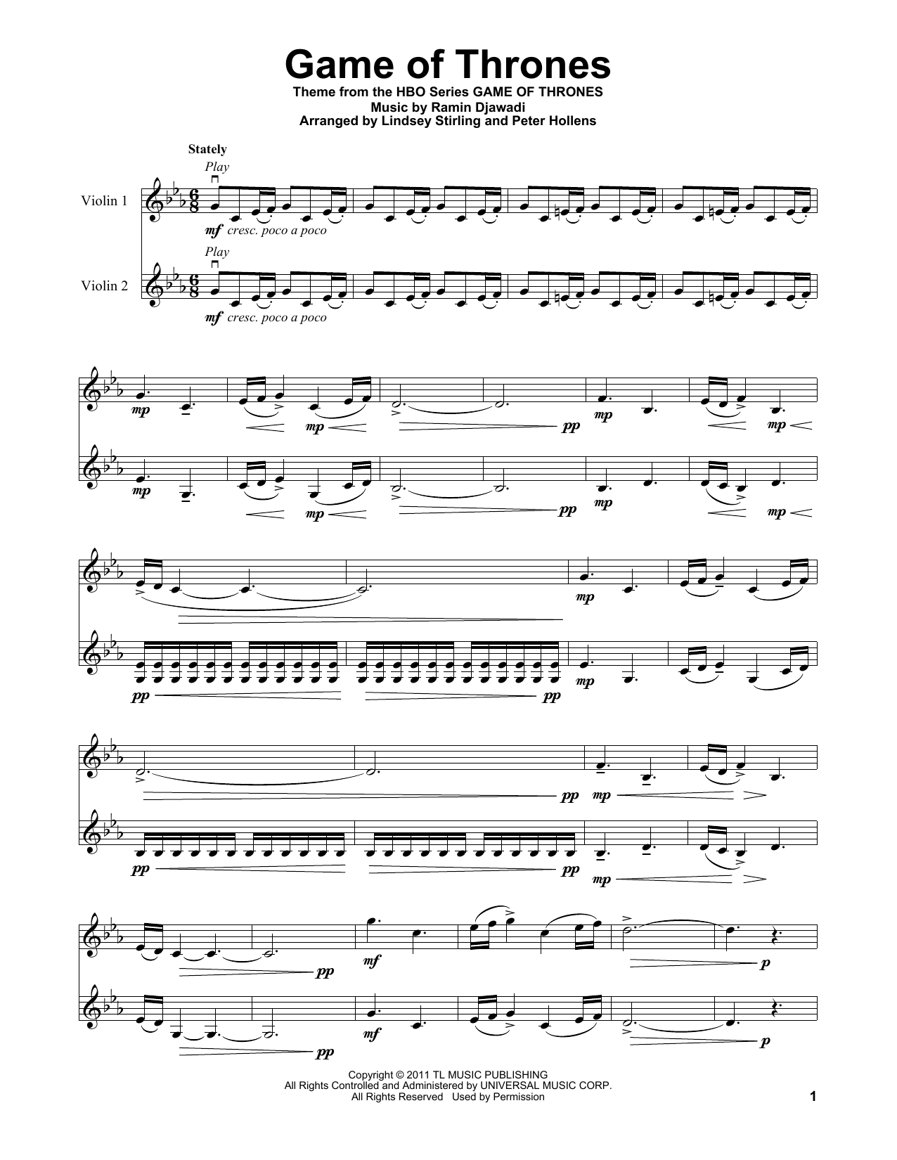 Download Lindsey Stirling Game Of Thrones Sheet Music and learn how to play Violin PDF digital score in minutes