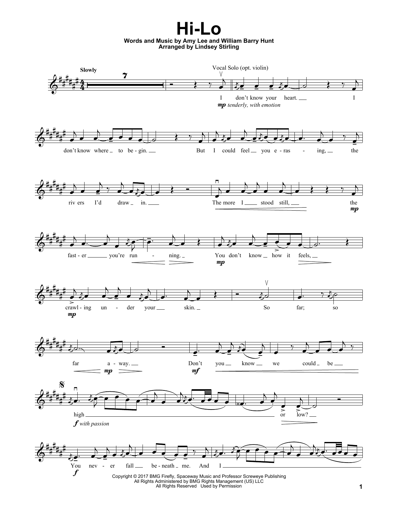 Download Lindsey Stirling Hi-Lo Sheet Music and learn how to play Violin Solo PDF digital score in minutes
