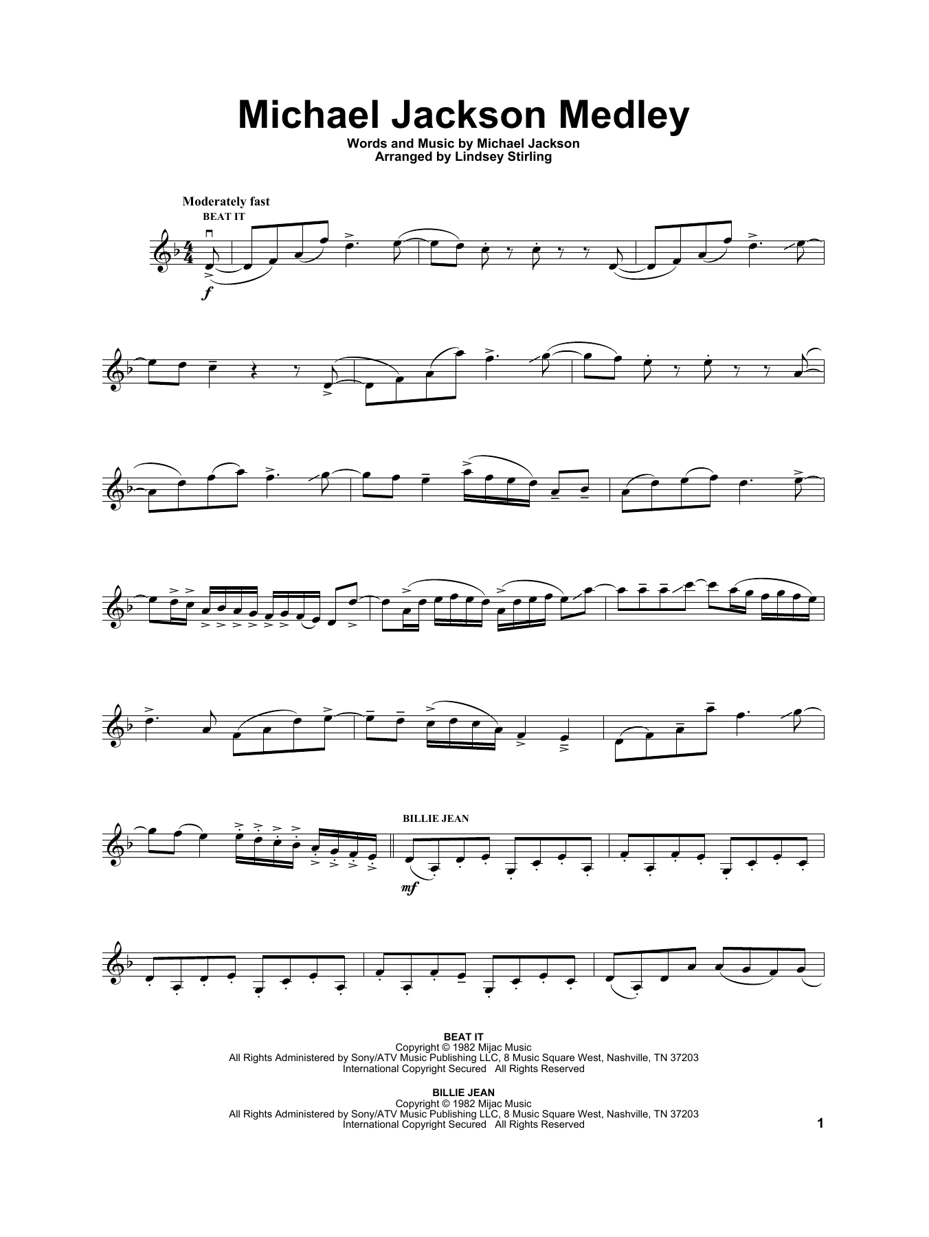 Download Lindsey Stirling Michael Jackson Medley Sheet Music and learn how to play Violin Solo PDF digital score in minutes