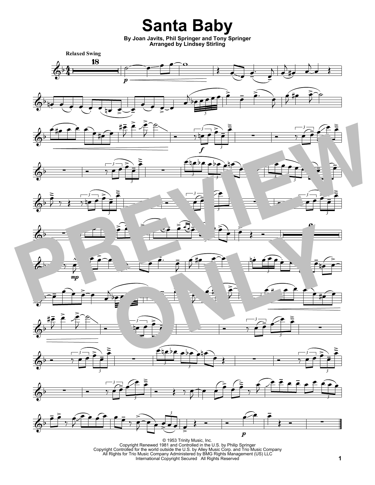 Download Lindsey Stirling Santa Baby Sheet Music and learn how to play Violin Solo PDF digital score in minutes