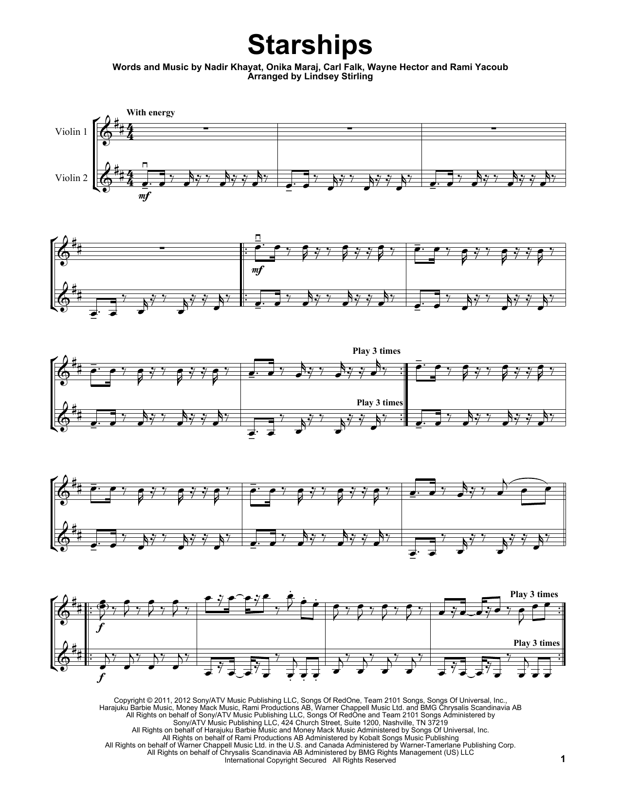 Download Lindsey Stirling Starships Sheet Music and learn how to play Violin Duet PDF digital score in minutes