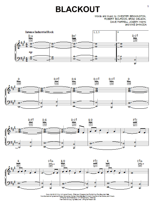 Download Linkin Park Blackout Sheet Music and learn how to play Piano, Vocal & Guitar (Right-Hand Melody) PDF digital score in minutes