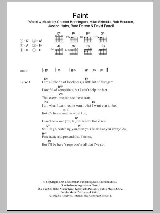 Download Linkin Park Faint Sheet Music and learn how to play Lyrics & Chords PDF digital score in minutes