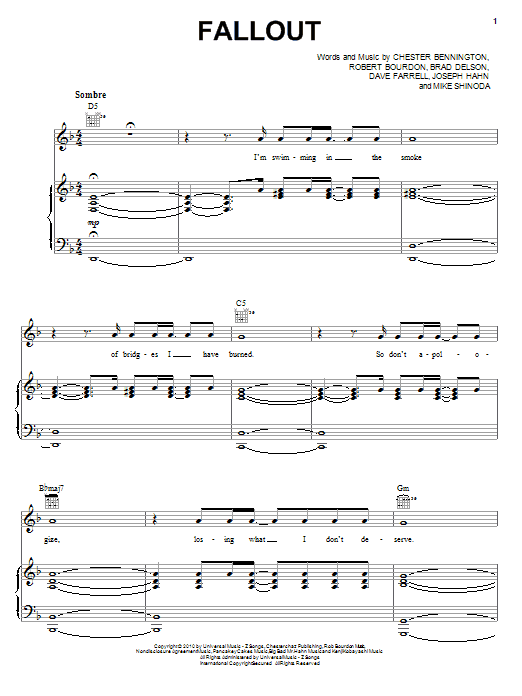 Download Linkin Park Fallout Sheet Music and learn how to play Piano, Vocal & Guitar (Right-Hand Melody) PDF digital score in minutes