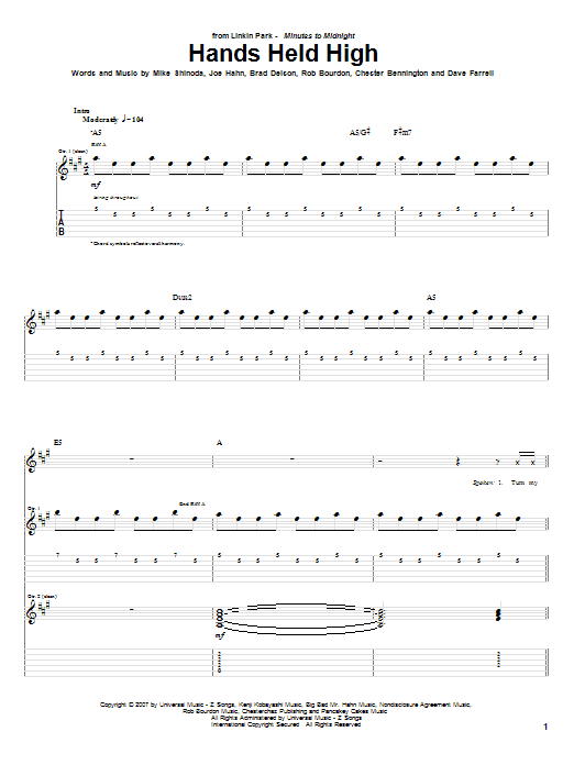 Download Linkin Park Hands Held High Sheet Music and learn how to play Guitar Tab PDF digital score in minutes