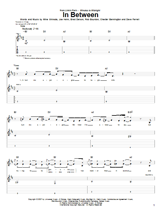 Download Linkin Park In Between Sheet Music and learn how to play Guitar Tab PDF digital score in minutes