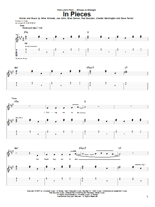 Download Linkin Park In Pieces Sheet Music and learn how to play Guitar Tab PDF digital score in minutes