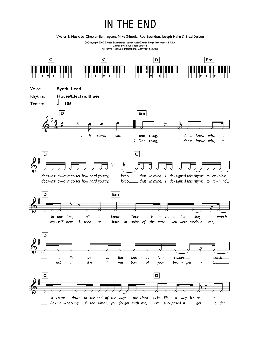 Download Linkin Park In The End Sheet Music and learn how to play Lyrics & Chords PDF digital score in minutes