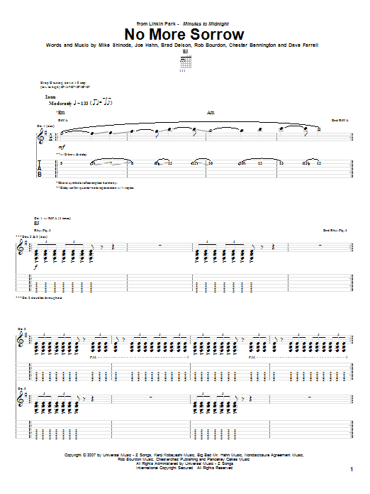 Download Linkin Park No More Sorrow Sheet Music and learn how to play Guitar Tab PDF digital score in minutes