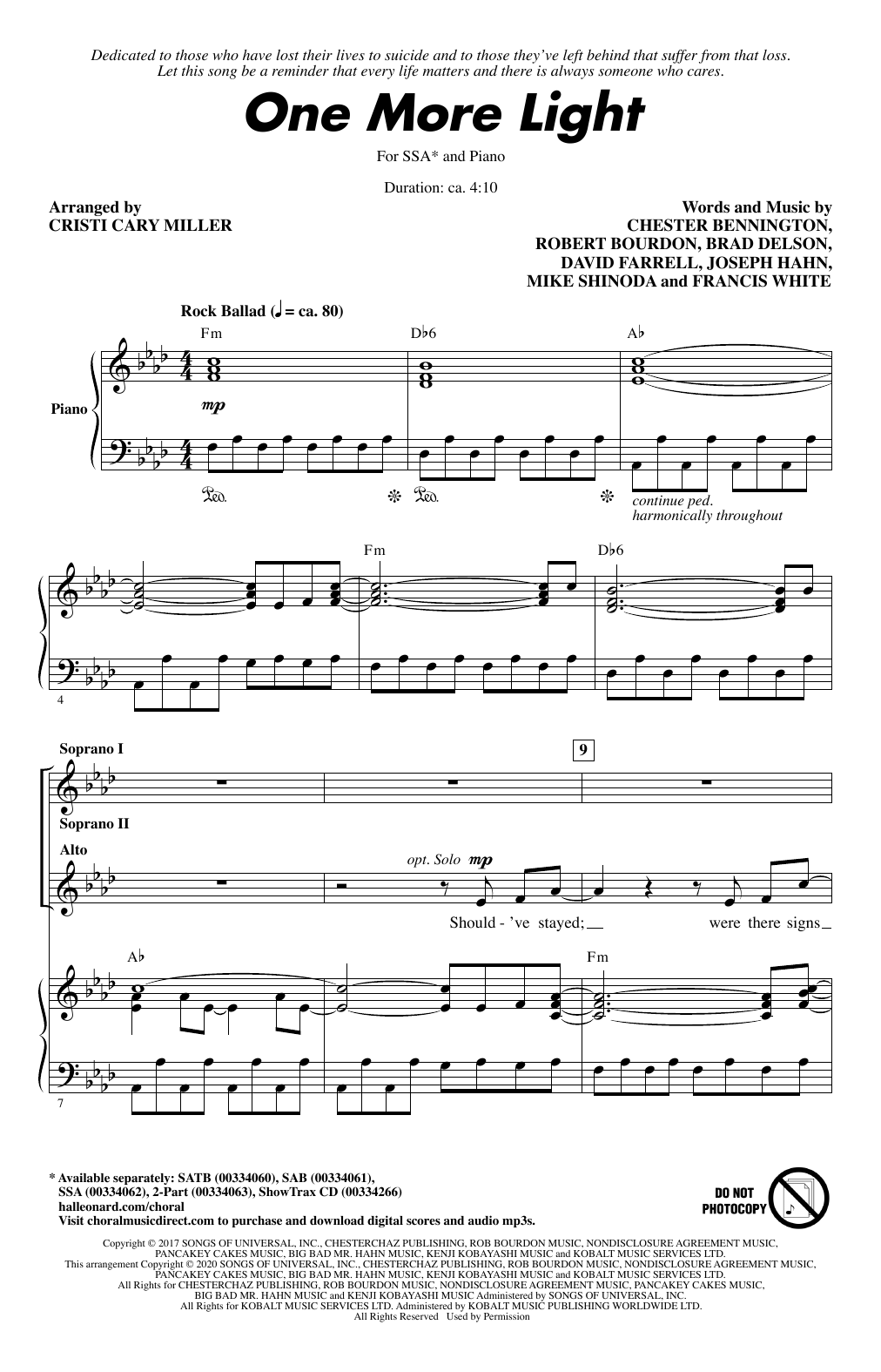 Download Linkin Park One More Light (arr. Cristi Cary Miller) Sheet Music and learn how to play 2-Part Choir PDF digital score in minutes