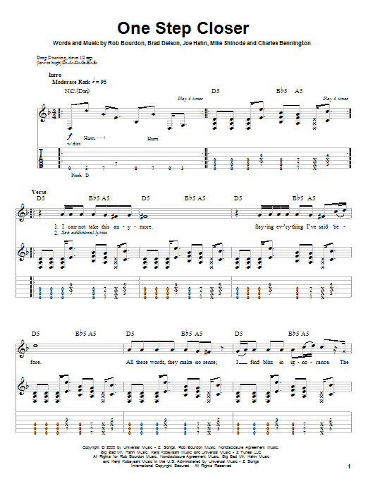 Download Linkin Park One Step Closer Sheet Music and learn how to play Bass Guitar Tab PDF digital score in minutes