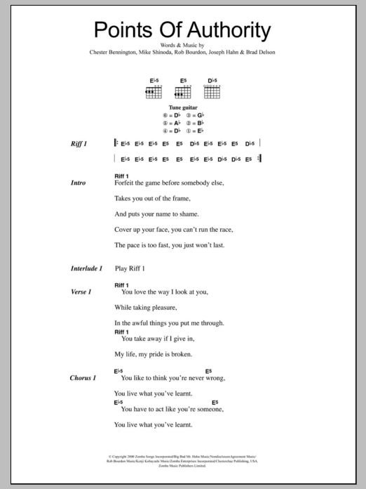 Download Linkin Park Points Of Authority Sheet Music and learn how to play Lyrics & Chords PDF digital score in minutes