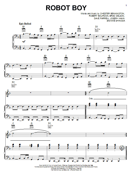 Download Linkin Park Robot Boy Sheet Music and learn how to play Piano, Vocal & Guitar (Right-Hand Melody) PDF digital score in minutes