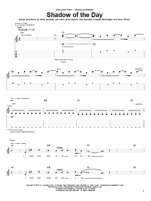 Download Linkin Park Shadow Of The Day Sheet Music and learn how to play Guitar Tab PDF digital score in minutes