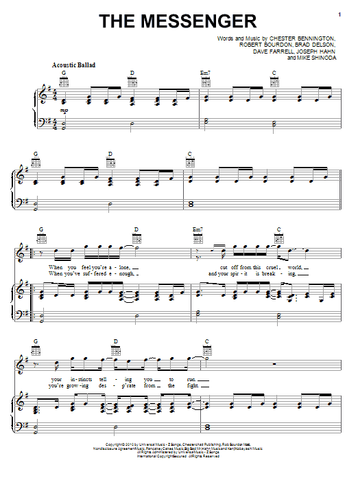 Download Linkin Park The Messenger Sheet Music and learn how to play Piano, Vocal & Guitar (Right-Hand Melody) PDF digital score in minutes