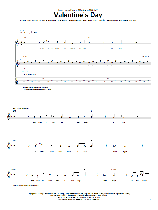 Download Linkin Park Valentine's Day Sheet Music and learn how to play Guitar Tab PDF digital score in minutes