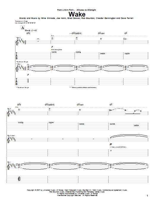 Download Linkin Park Wake Sheet Music and learn how to play Guitar Tab PDF digital score in minutes