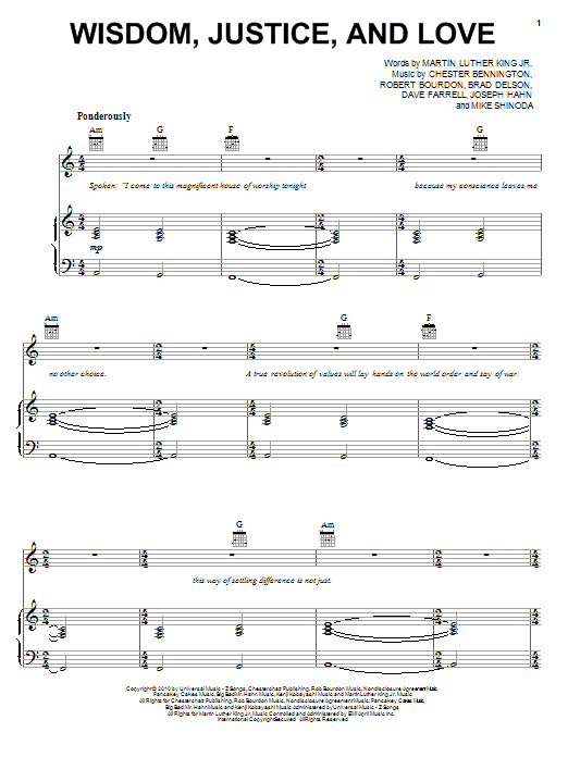 Download Linkin Park Wisdom, Justice, And Love Sheet Music and learn how to play Piano, Vocal & Guitar (Right-Hand Melody) PDF digital score in minutes