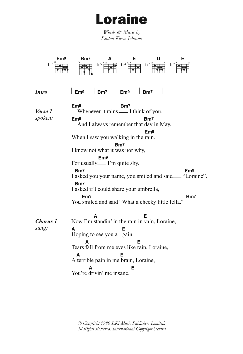 Download Linton Kwesi Johnson Loraine Sheet Music and learn how to play Lyrics & Chords PDF digital score in minutes