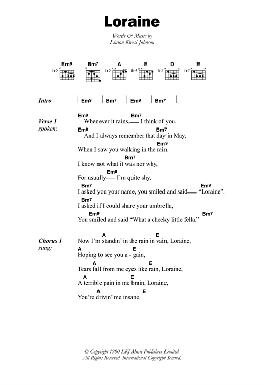 Download Linton Kwesi Johnson Loraine Sheet Music and learn how to play Lyrics & Chords PDF digital score in minutes