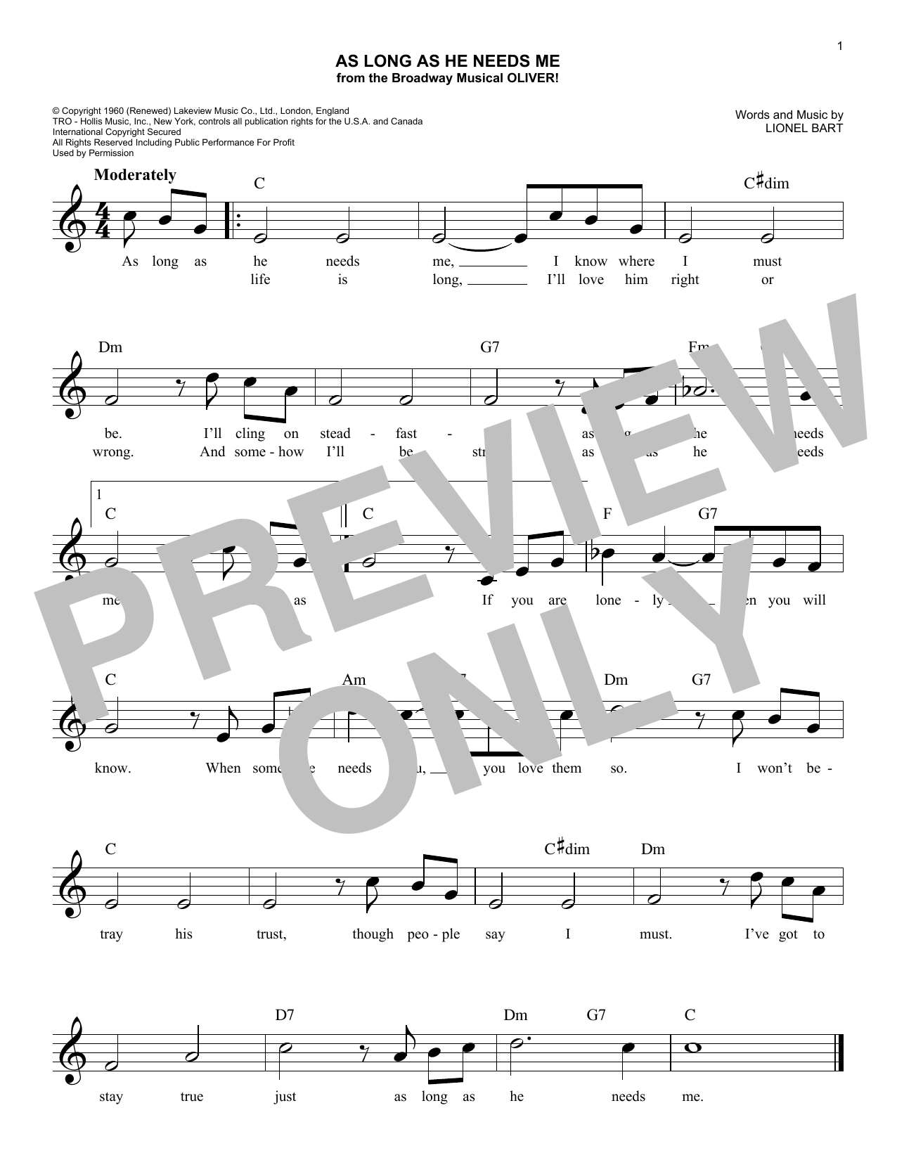 Download Lionel Bart As Long As He Needs Me (from the musical Oliver!) Sheet Music and learn how to play Lead Sheet / Fake Book PDF digital score in minutes