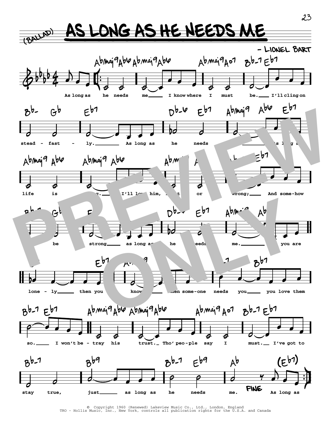 Download Lionel Bart As Long As He Needs Me (Low Voice) Sheet Music and learn how to play Real Book – Melody, Lyrics & Chords PDF digital score in minutes