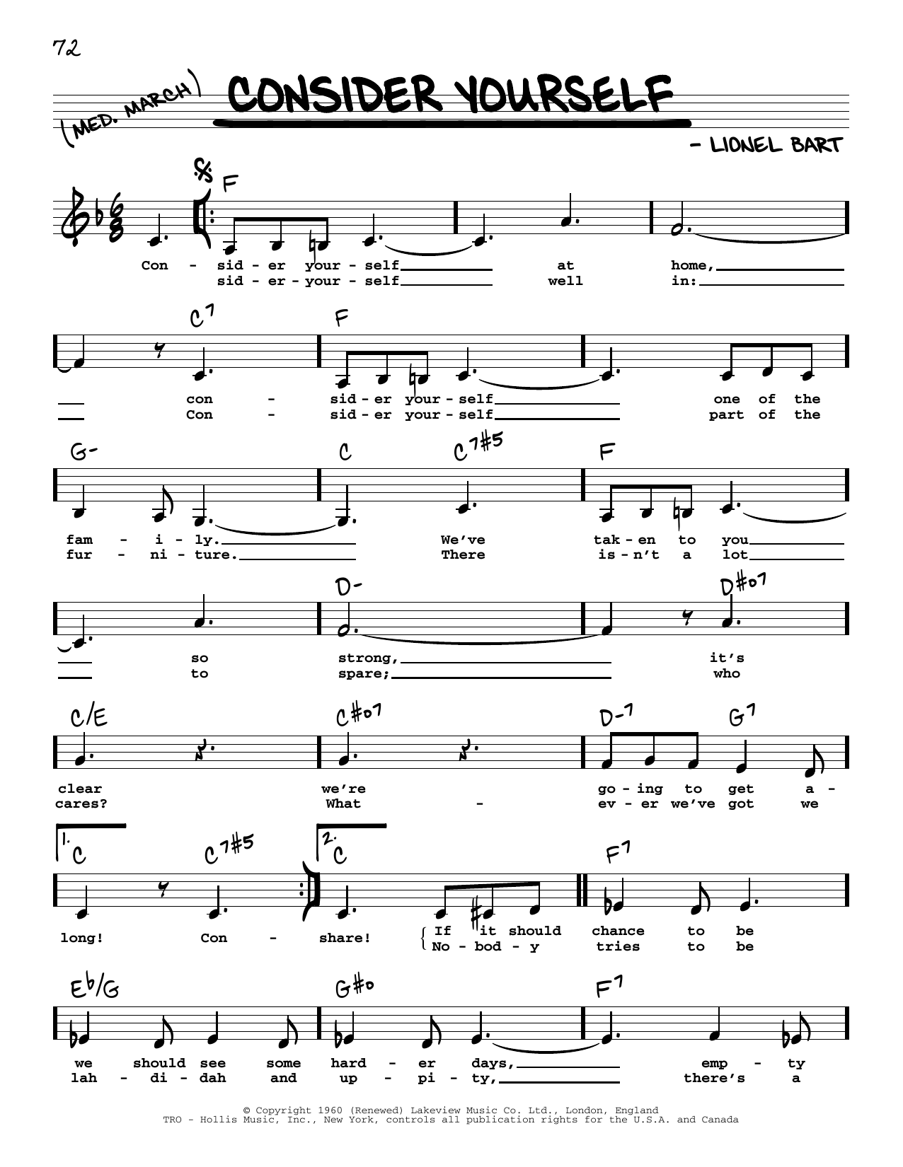 Download Lionel Bart Consider Yourself (Low Voice) (from Oliver!) Sheet Music and learn how to play Real Book – Melody, Lyrics & Chords PDF digital score in minutes