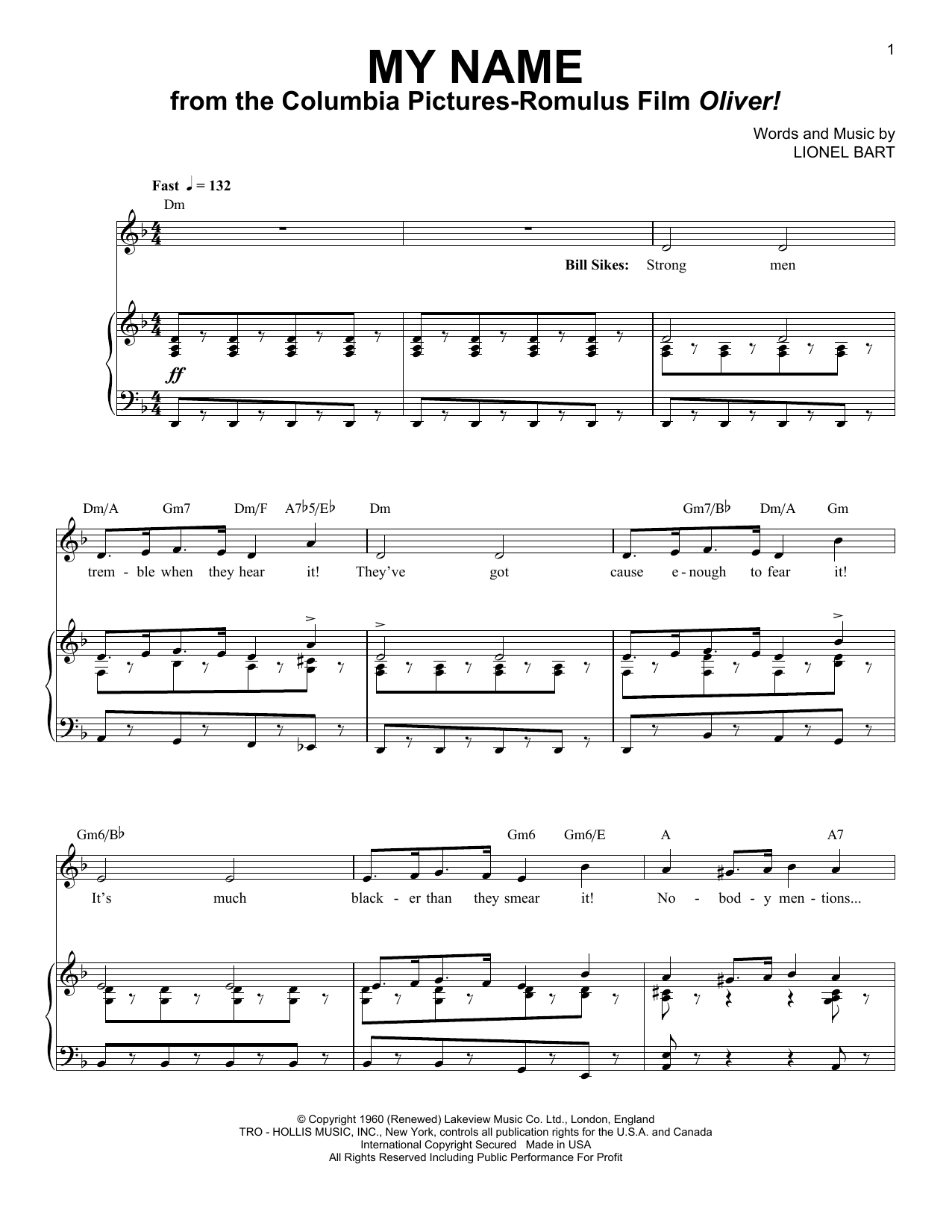 Download Lionel Bart My Name Sheet Music and learn how to play Piano & Vocal PDF digital score in minutes