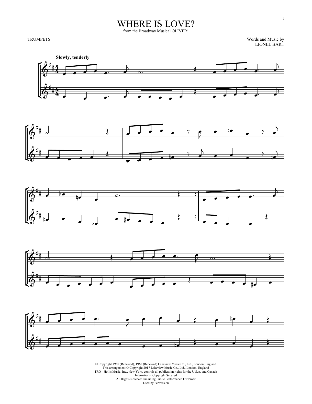 Download Lionel Bart Where Is Love? (from Oliver) Sheet Music and learn how to play Alto Sax Duet PDF digital score in minutes