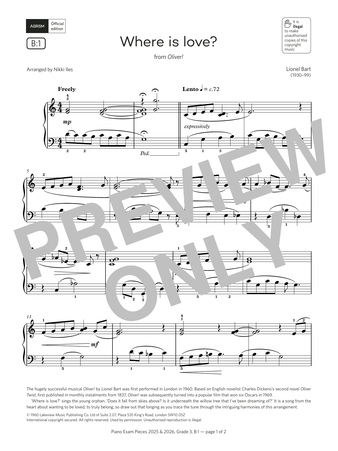 Download Lionel Bart Where is love? (Grade 3, list B1, from the ABRSM Piano Syllabus 2025 & 2026) Sheet Music and learn how to play Piano Solo PDF digital score in minutes