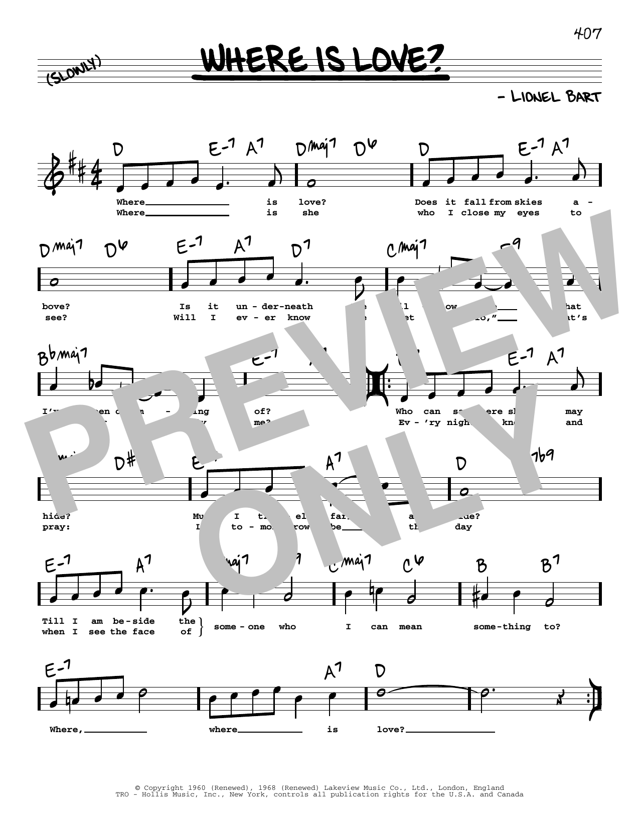 Download Lionel Bart Where Is Love? (High Voice) Sheet Music and learn how to play Real Book – Melody, Lyrics & Chords PDF digital score in minutes