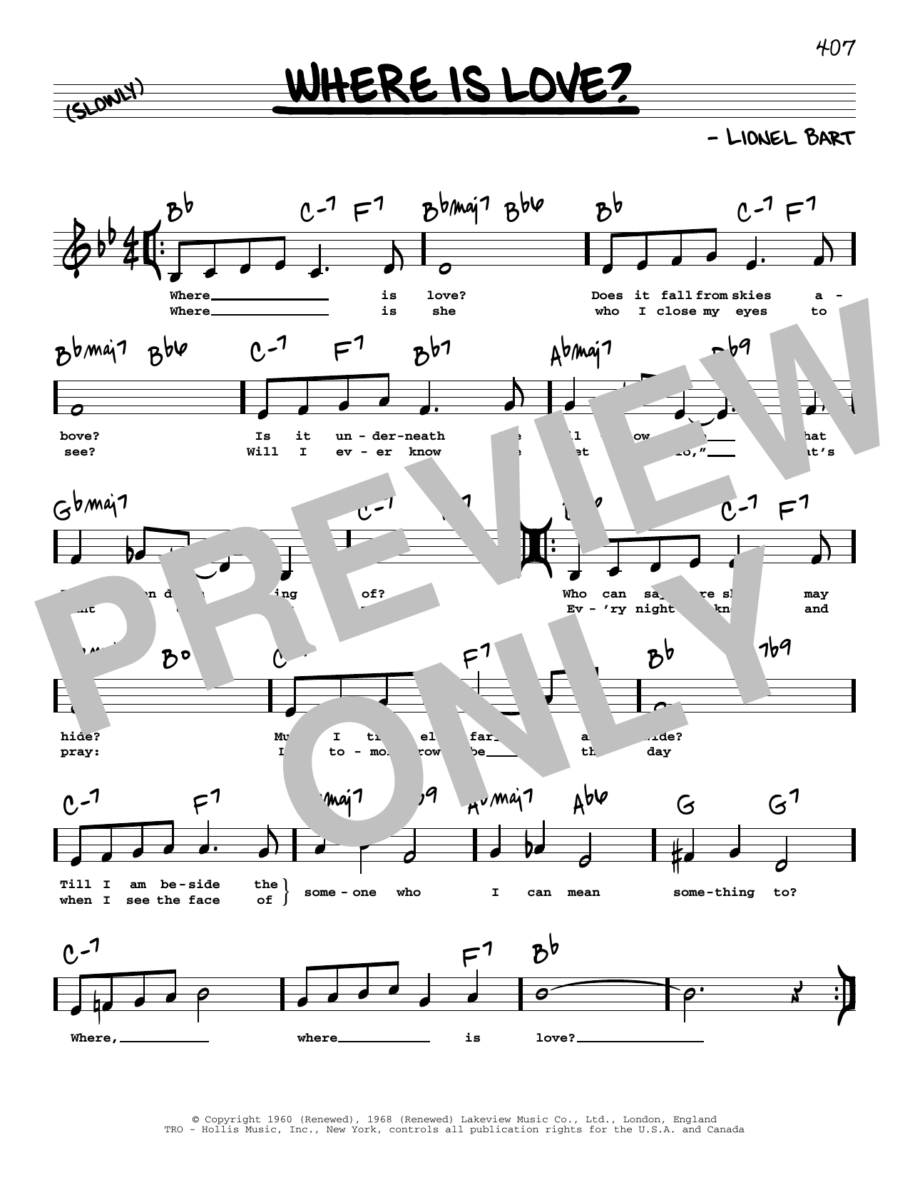 Download Lionel Bart Where Is Love? (Low Voice) Sheet Music and learn how to play Real Book – Melody, Lyrics & Chords PDF digital score in minutes