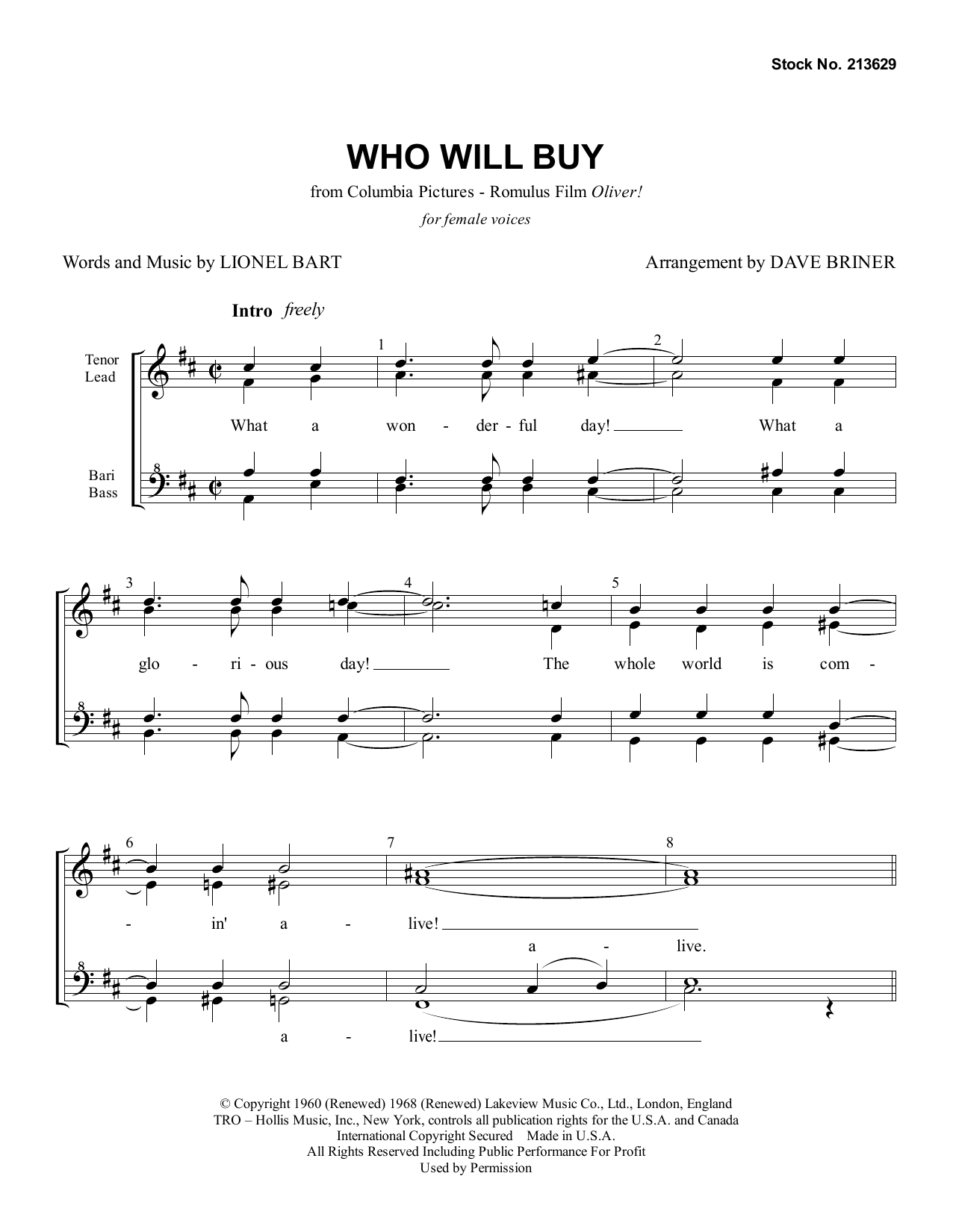 Download Lionel Bart Who Will Buy (from Oliver!) (arr. Dave Briner) Sheet Music and learn how to play SSAA Choir PDF digital score in minutes
