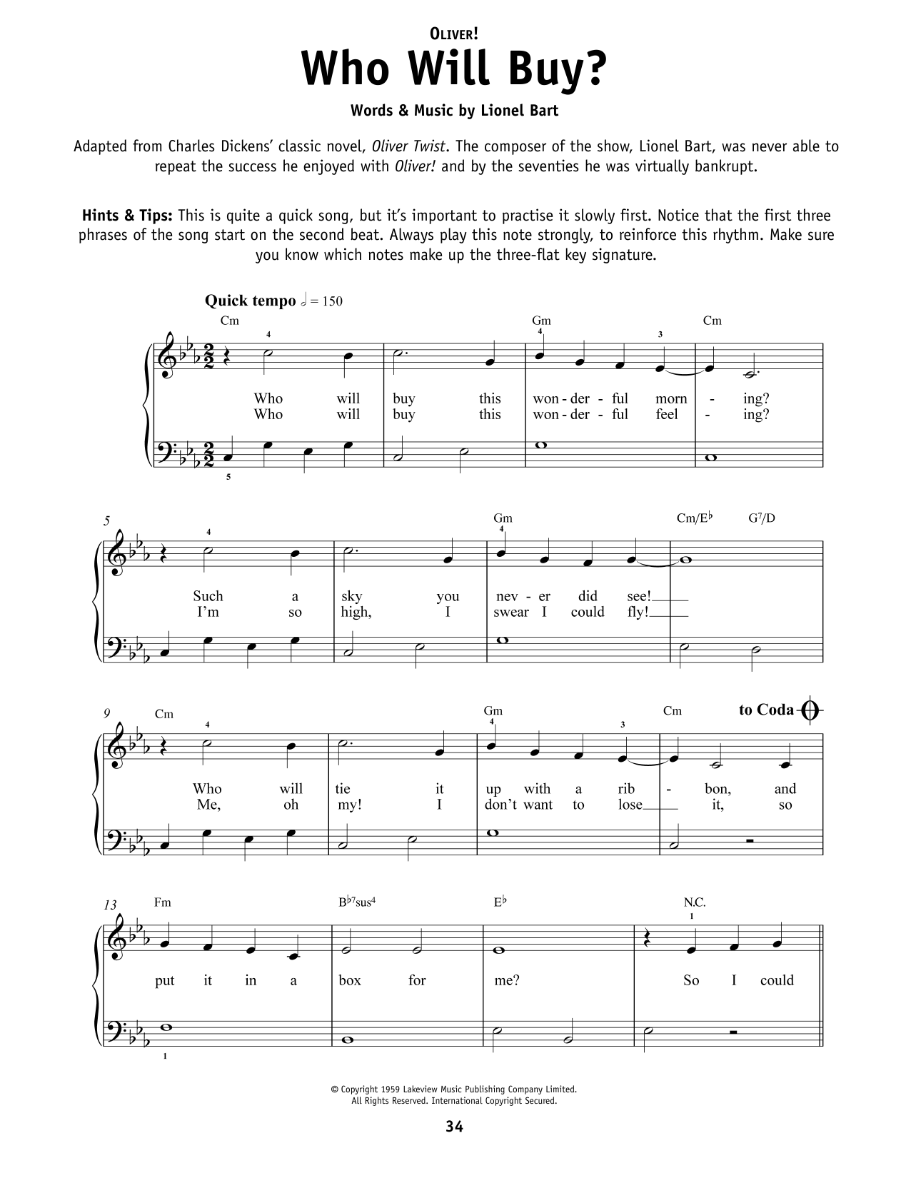 Download Lionel Bart Who Will Buy? (from Oliver!) Sheet Music and learn how to play Really Easy Piano PDF digital score in minutes