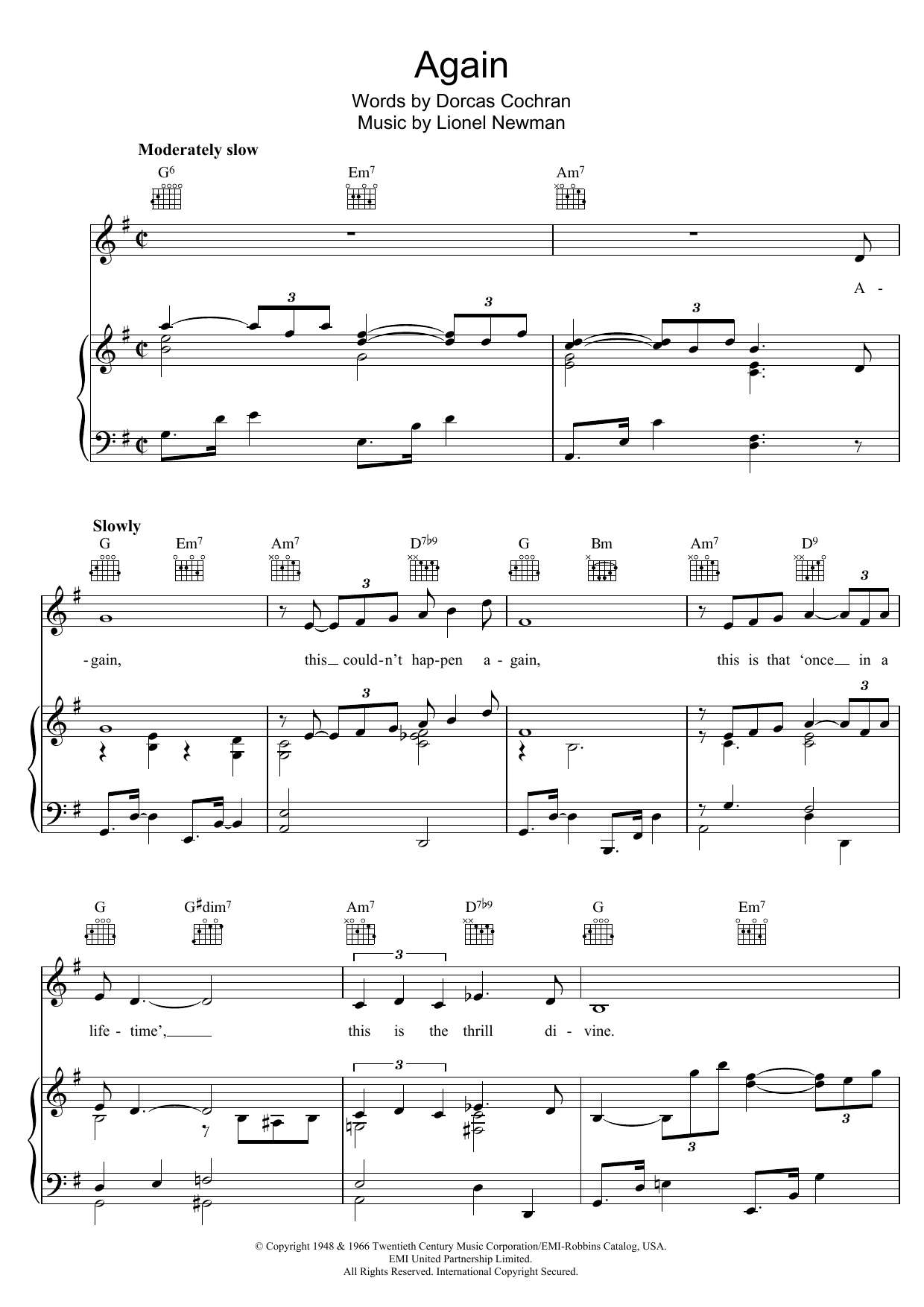 Download Lionel Newman Again Sheet Music and learn how to play Piano, Vocal & Guitar (Right-Hand Melody) PDF digital score in minutes