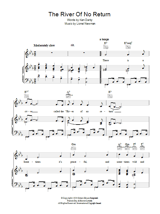 Download Lionel Newman The River Of No Return Sheet Music and learn how to play Piano, Vocal & Guitar (Right-Hand Melody) PDF digital score in minutes