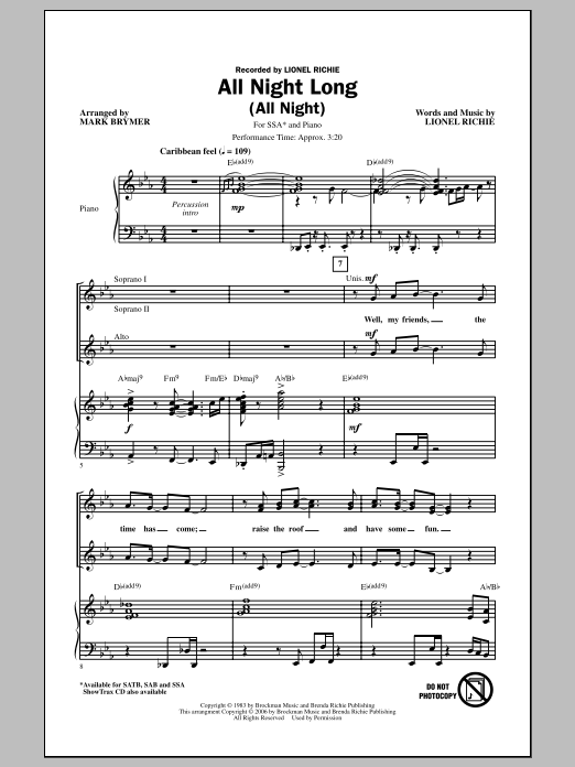 Download Lionel Richie All Night Long (All Night) (arr. Mark Brymer) Sheet Music and learn how to play SSA PDF digital score in minutes