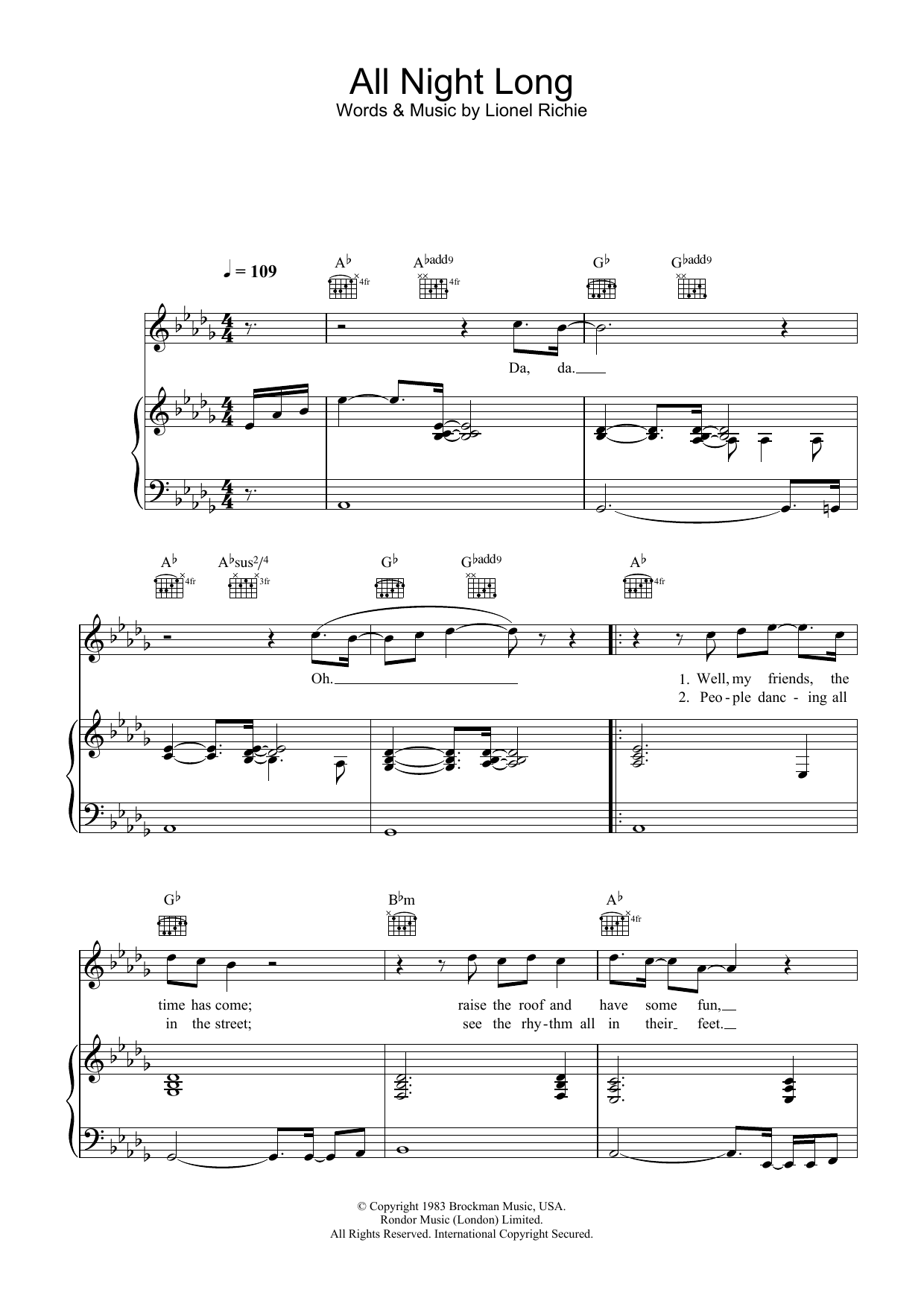 Download Lionel Richie All Night Long (All Night) Sheet Music and learn how to play Piano, Vocal & Guitar (Right-Hand Melody) PDF digital score in minutes