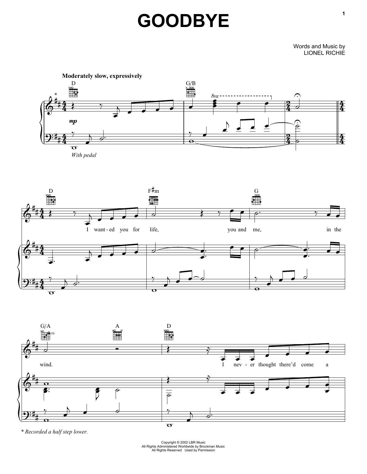 Download Lionel Richie Goodbye Sheet Music and learn how to play Piano, Vocal & Guitar Chords (Right-Hand Melody) PDF digital score in minutes