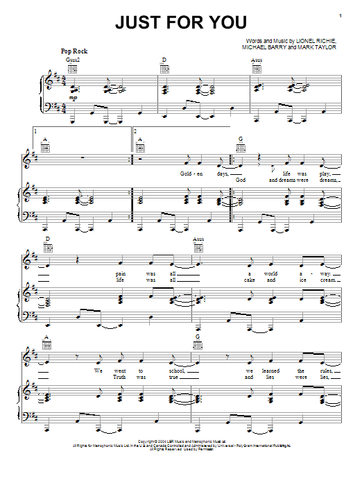 Download Lionel Richie Just For You Sheet Music and learn how to play Piano, Vocal & Guitar (Right-Hand Melody) PDF digital score in minutes