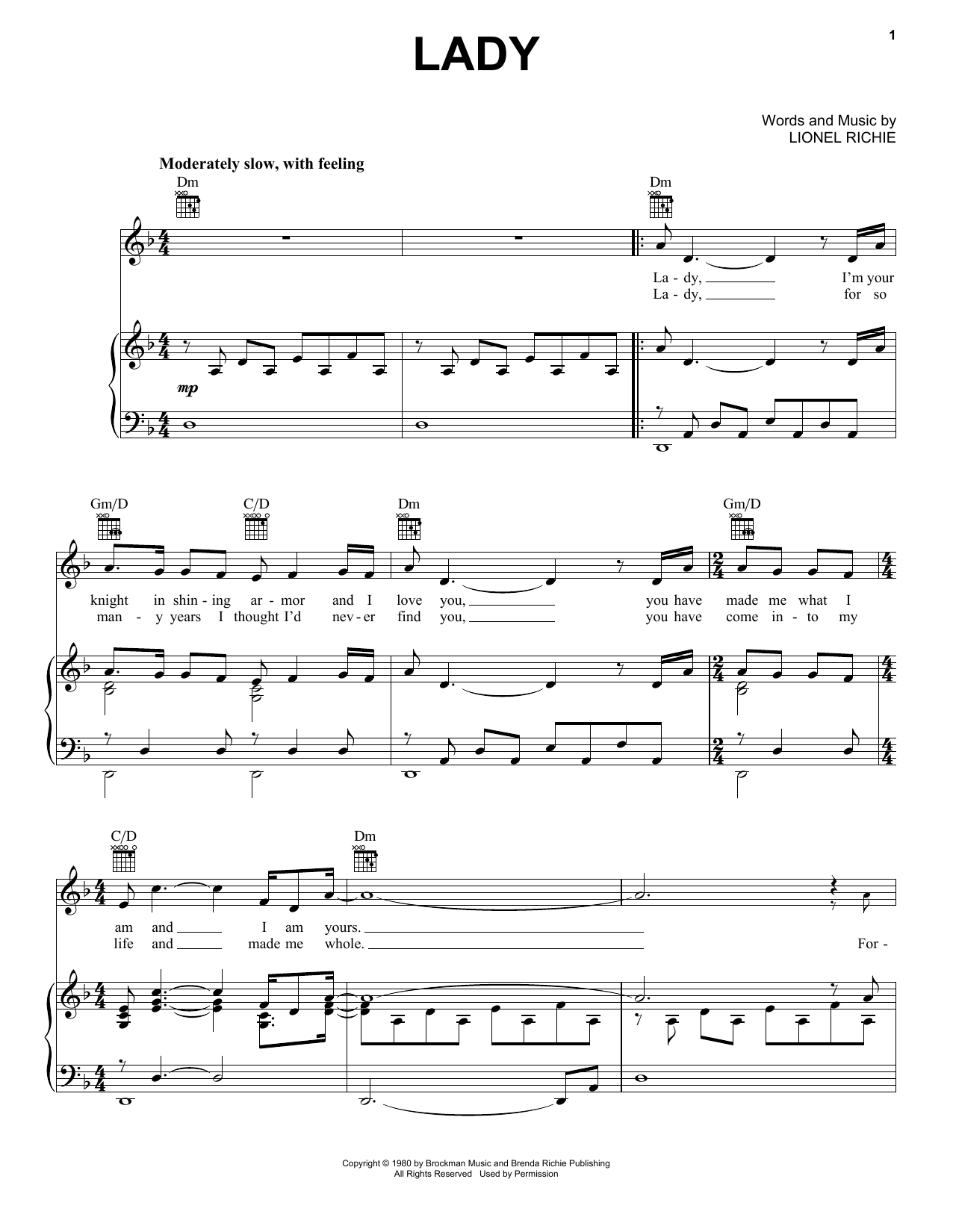 Download Lionel Richie Lady Sheet Music and learn how to play Piano, Vocal & Guitar (Right-Hand Melody) PDF digital score in minutes