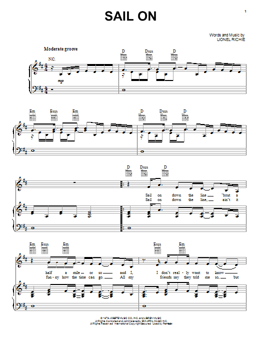 Download Lionel Richie Sail On Sheet Music and learn how to play Piano, Vocal & Guitar (Right-Hand Melody) PDF digital score in minutes