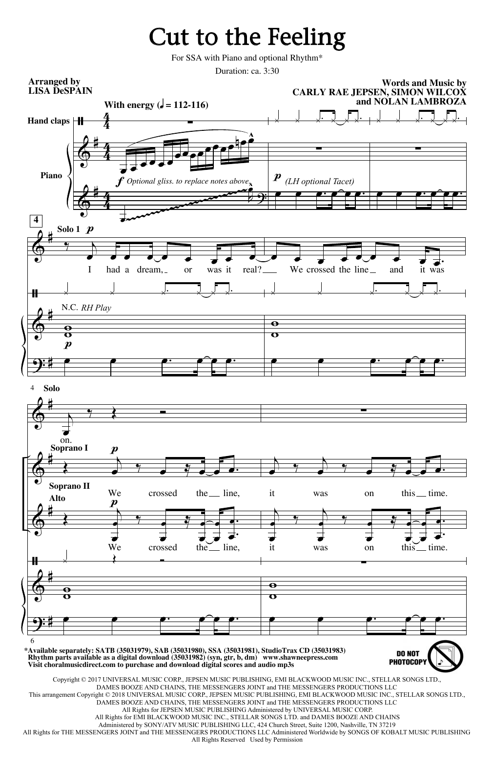 Download Lisa DeSpain Cut To The Feeling Sheet Music and learn how to play SSA PDF digital score in minutes