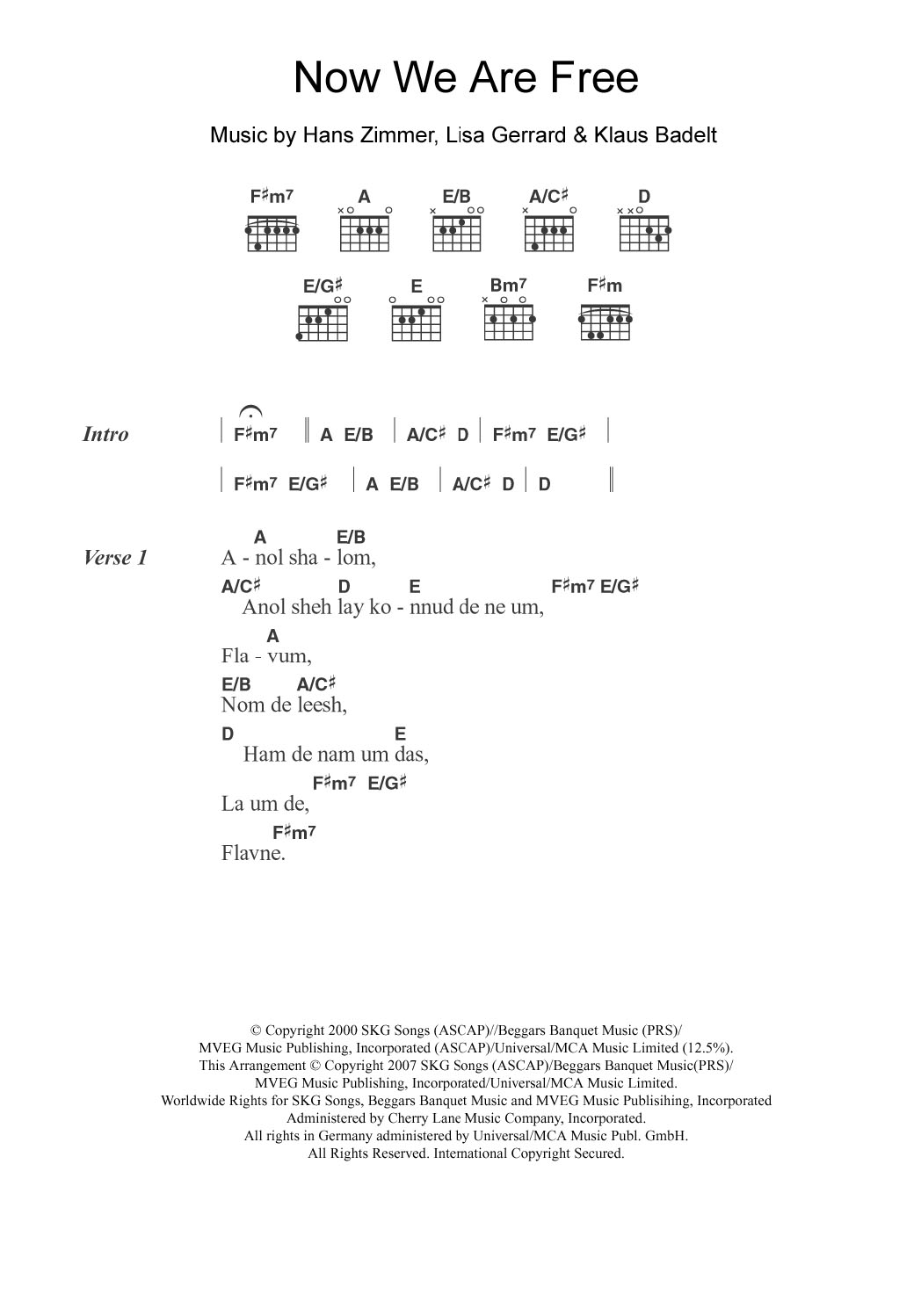 Download Lisa Gerrard Now We Are Free (from Gladiator) Sheet Music and learn how to play Guitar Chords/Lyrics PDF digital score in minutes