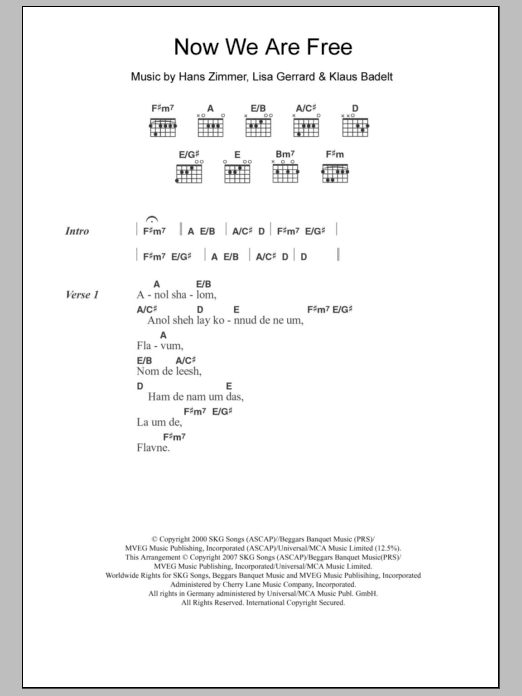 Download Lisa Gerrard Now We Are Free (from Gladiator) Sheet Music and learn how to play Lyrics & Chords PDF digital score in minutes