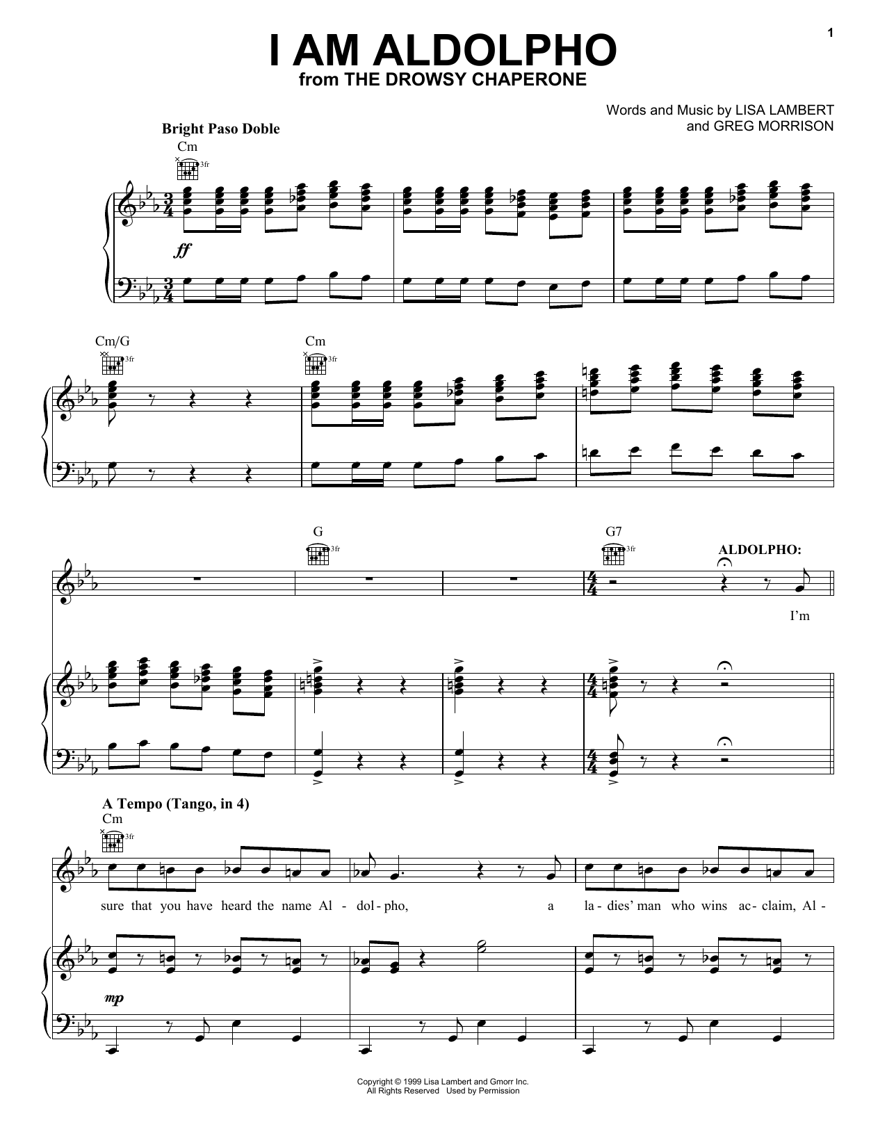 Download Lisa Lambert and Greg Morrison I Am Aldolpho (from The Drowsy Chaperone Musical) Sheet Music and learn how to play Vocal Pro + Piano/Guitar PDF digital score in minutes