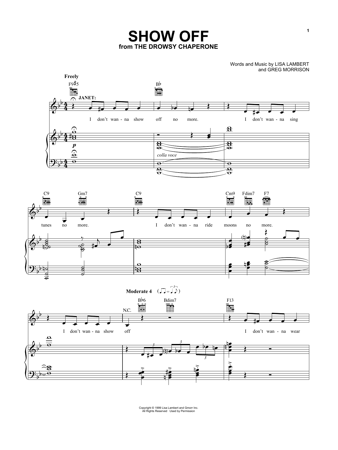 Download Lisa Lambert and Greg Morrison Show Off (from The Drowsy Chaperone Musical) Sheet Music and learn how to play Vocal Pro + Piano/Guitar PDF digital score in minutes